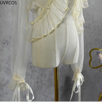 UZSCCN Japanese Sweet Lolita Chiffon Shawl Top Ruffle O-Neck Mesh Cardigan