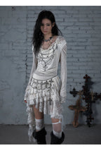 NO ROMANCE Fairy Sexy Punk Printing Half Transparent Lace Patch Knitted Long Sleeve Hooded Dresses Rock Gothic Design Vestidos SS69