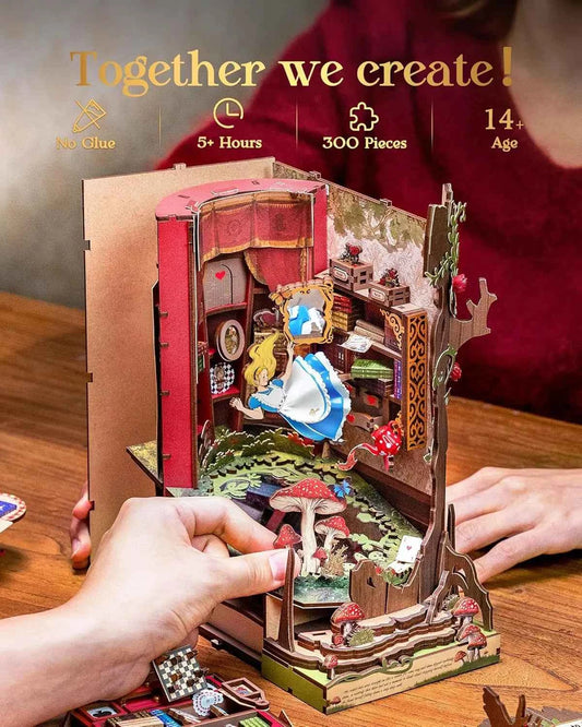 Robotime Rolife Book Nook Kits Fall into Wonder DIY Booknook with Lights Miniature House Kit 3D Wooden Puzzle Bookshelf Gift TGB