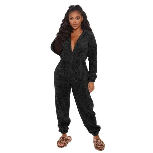 BWQ Womens Winter Warm Onesie Pajamas Fuzzy Fleece Zipper Up Bear Ear Hooded Romper Jumpsuits Sleepwear Loungewear