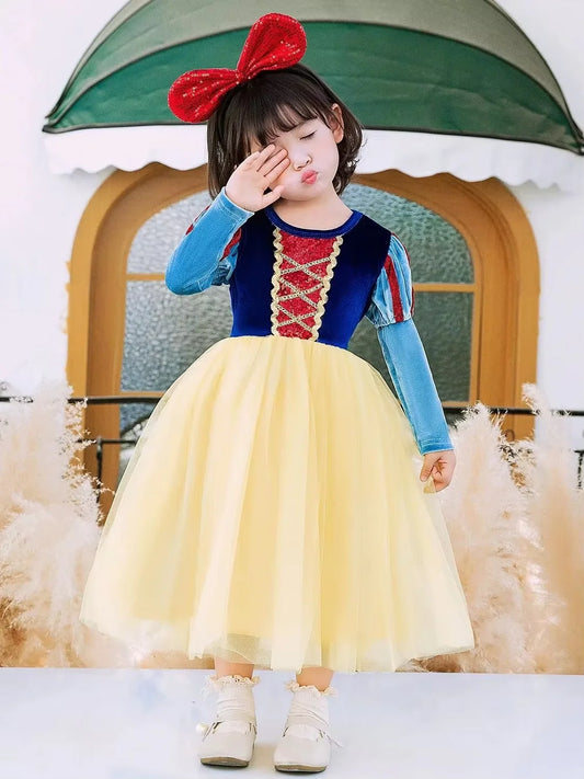 Disney Halloween New Movie Snow White Princess Dress Girl Cosplay Yellow Snow White Party Yellow Stripe Dress Accessories Suit