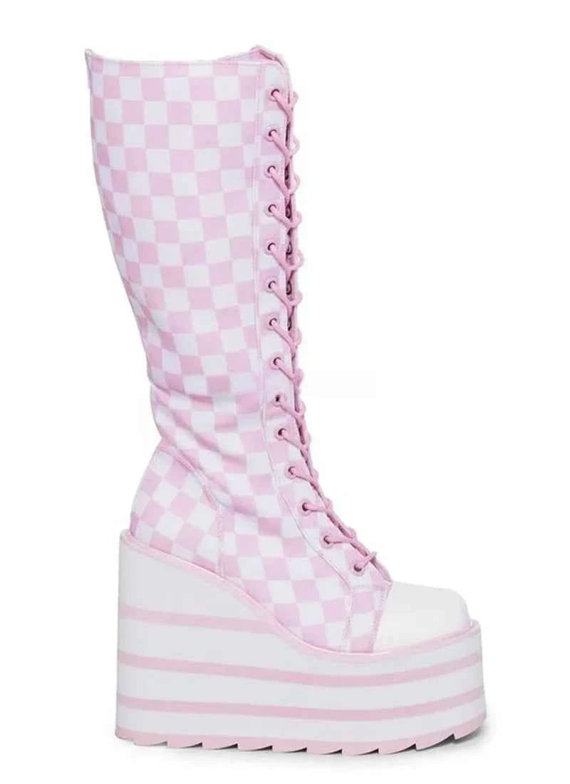 Canvas Check Platform Knee-high Boots Women Metal Chain Round Toe Wedges Cross Tied Lolita Heighten Shoes 2025 Lovely Sexy Boots