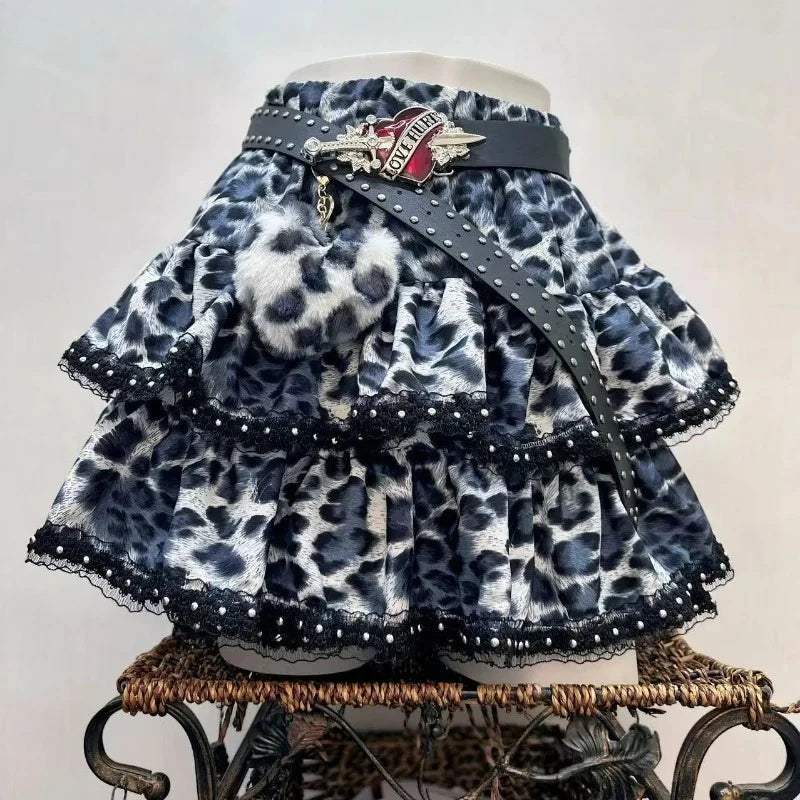 Y2k Japanese Vintage Lolita Style Short Party Skirts Women Gothic Leopard Print Mini Skirts Streetwear Harajuku Punk Skirt Chic