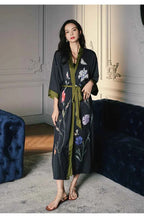 Black Print Flower Long Robe Nightgown Spring Summer Half Sleeve Kimono Bathrobe Gown Women Sexy Rayon Home Dress Loungewear