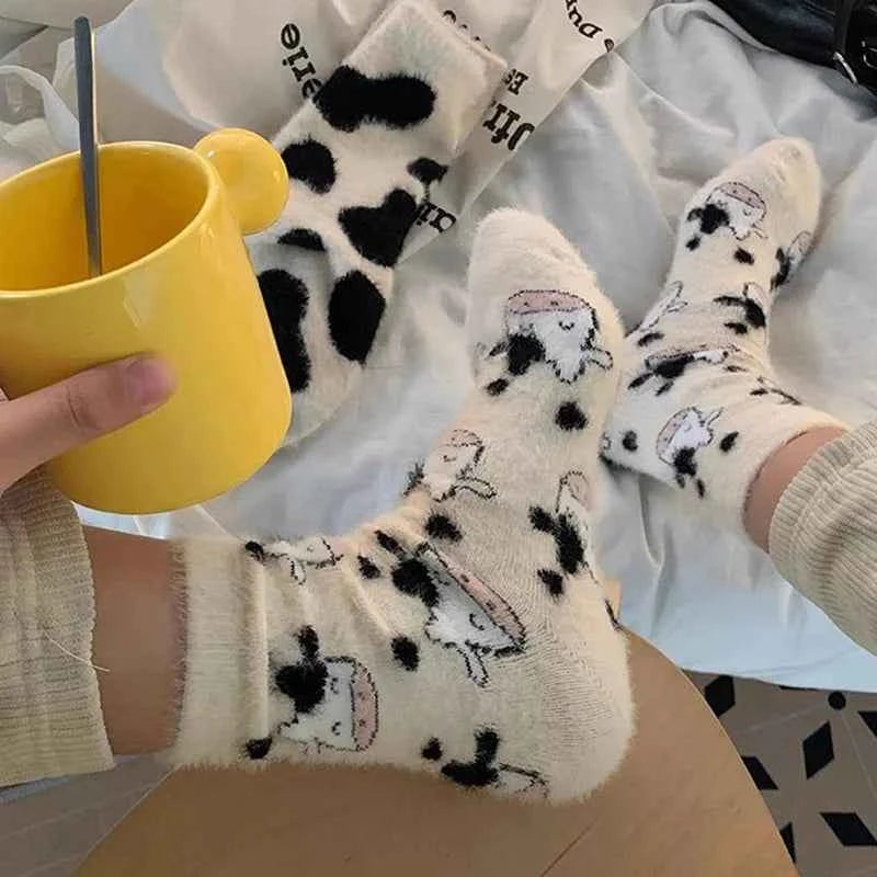 Cartoon Cute Cow Mink Velvet Socks Women Winter Soft Fleece Plush Warm Home Sleep Boot Socks Kawaii Y2K Furry Thermal Tube Sox