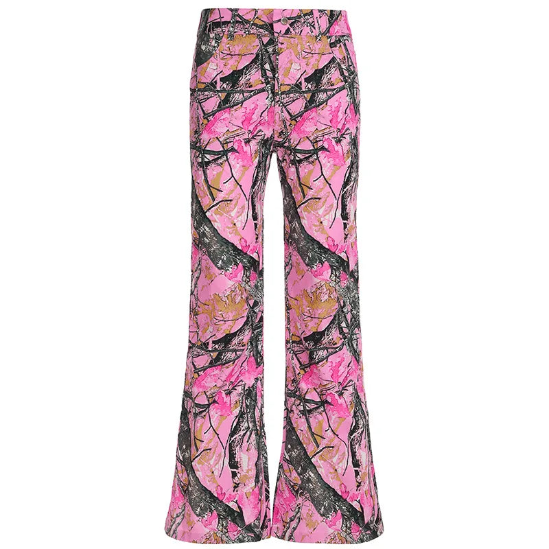 Women's new branch small camo high waisted bell bottoms Spice Girl street personality fashion casual pants SS69 13.69 Pink / L