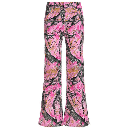 Women's new branch small camo high waisted bell bottoms Spice Girl street personality fashion casual pants SS69 13.69 Pink / L