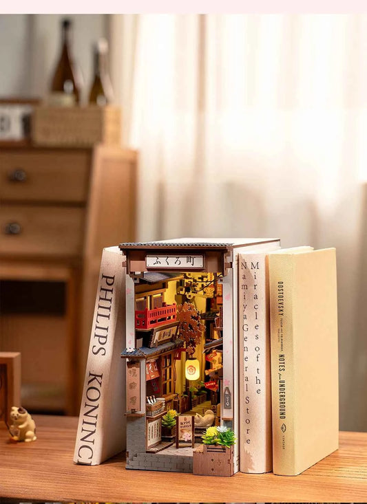 Robotime Rolife Sakura Wine Alley Japanese Style Design Book Nooks Kit for Family Home Bookshelf Decoration 3D DIY Wooden Puzzle