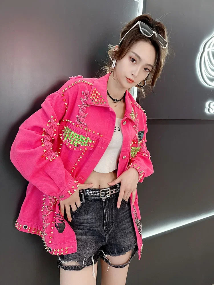 Women Graffiti Printed Rivets Denim Jacket Loose Holes Diamonds Jeans Coat Sequined Cowboy Ripped Streetwear Cardigan Ins Tops SS69