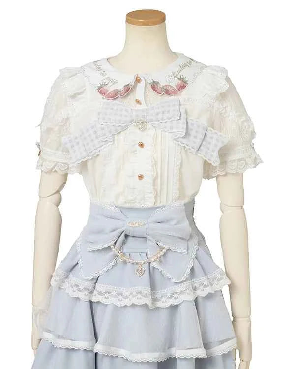 Japanese New Liz Plaid Bow Lolita Strawberry Embroidered Short Sleeve Shirt Women's Spring Summer Sweet Blouse Shirts