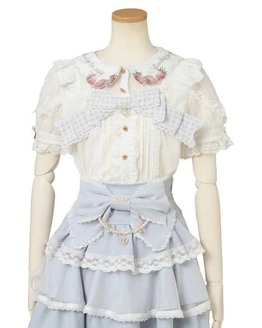 Japanese New Liz Plaid Bow Lolita Strawberry Embroidered Short Sleeve Shirt Women's Spring Summer Sweet Blouse Shirts