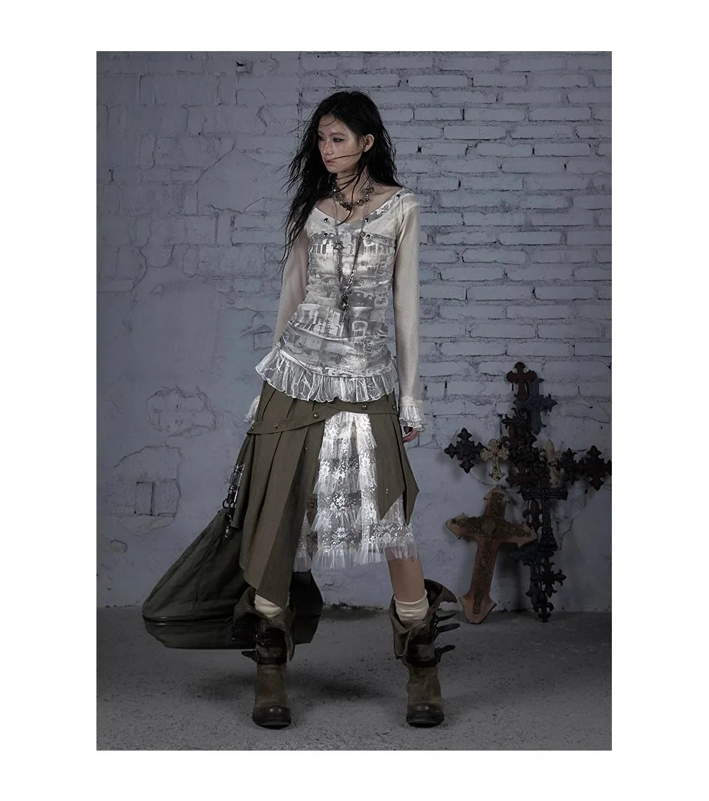 NO ROMANCE Fairy Sexy Punk Printing Half Transparent Lace Patch Knitted Long Sleeve Hooded Dresses Rock Gothic Design Vestidos SS69