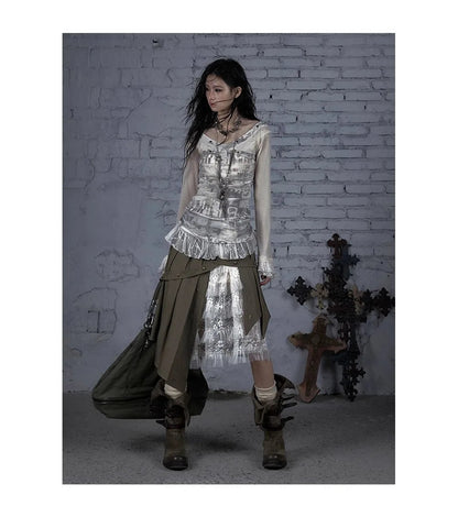 NO ROMANCE Fairy Sexy Punk Printing Half Transparent Lace Patch Knitted Long Sleeve Hooded Dresses Rock Gothic Design Vestidos SS69