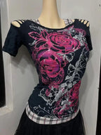 Kimutomo Women T Shirts Vintage Flowers Printed Short Sleeve Spring Summer Fashion Slim Grunge Gothic Y2k Harajuku Tops Ladies
