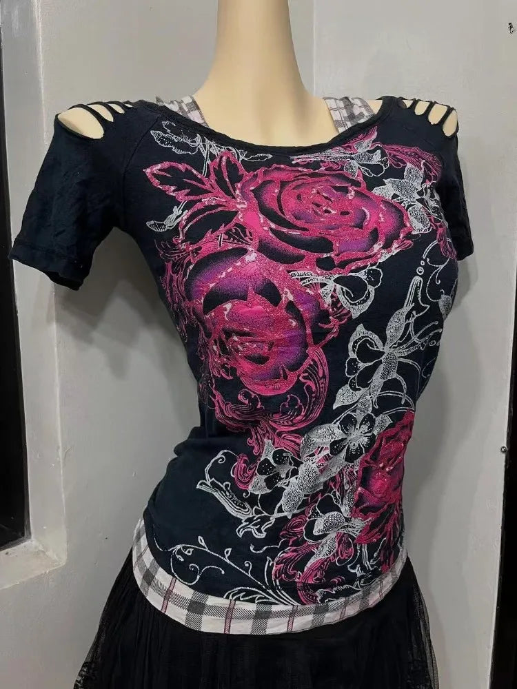 Kimutomo Women T Shirts Vintage Flowers Printed Short Sleeve Spring Summer Fashion Slim Grunge Gothic Y2k Harajuku Tops Ladies