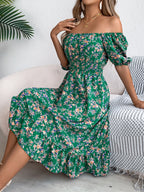 Summer Women's Beach Dress Floral 3D Print Square Neck Short-Sleeved Ladies Waist Ruffled A-Line Dress For Women Holiday Dresses