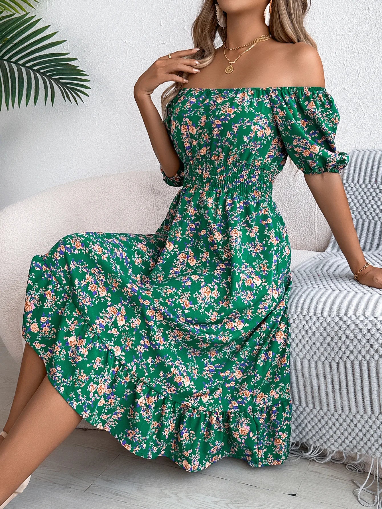 Summer Women's Beach Dress Floral 3D Print Square Neck Short-Sleeved Ladies Waist Ruffled A-Line Dress For Women Holiday Dresses