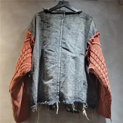 NANCYLIM Women's Vintage Denim Patchwork Knitted Pullover Sweater Loose Fit