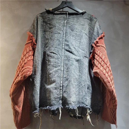 NANCYLIM Women's Vintage Denim Patchwork Knitted Pullover Sweater Loose Fit