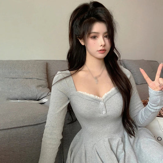 Women Sexy Korean Dress French Style Waist Closed Long Sleeve Collarbone Exposed Sweet SS69