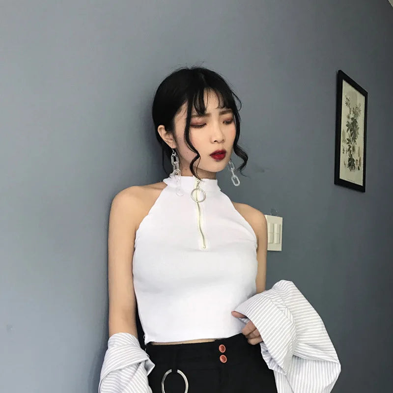 Retro Zipper Crop Tops Women Short Knitted Camisole Sleeveless Leisure Tank Top Camis Summer 2022 New SS69