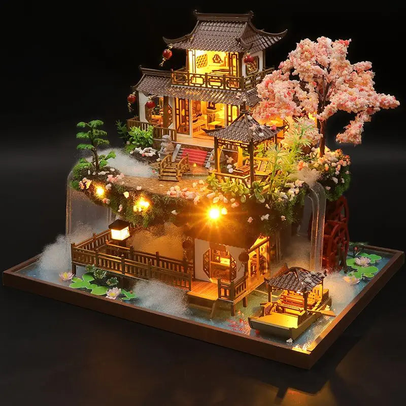 DIY Wooden Chinese Ancient Casa Miniature Building Kits Bookend With Lights Assembled Bookshelf Home Decoration Friends Gifts SS69