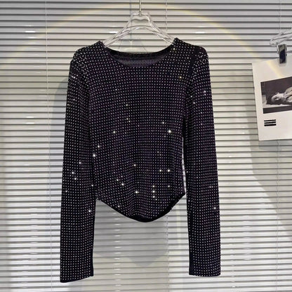 Fat people oversized wear 300 catties fashion rhinestone diamond bright silk curved edge women's long-sleeved T-shirt SS69