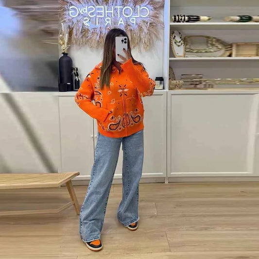 Warm Printed High Collar Knit Cardigans Women Contrast Jacquard Zipper Full Sleeve Pocket Sweater 2026 Spring Lady Chic Knitwear