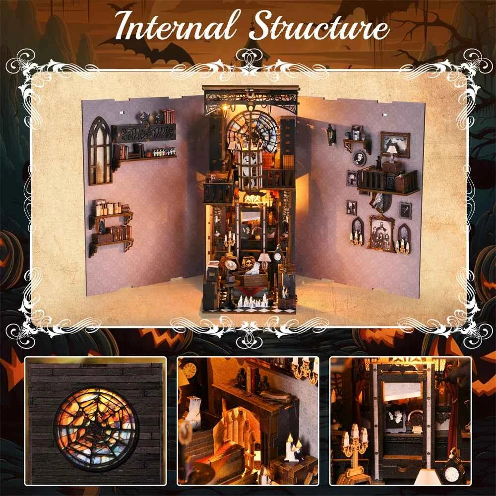 Book Nook Kit Dark Family DIY Wooden Puzzle Gothic style Halloween Bookshelf Dollhouse Model Bookend Building Home Decoration