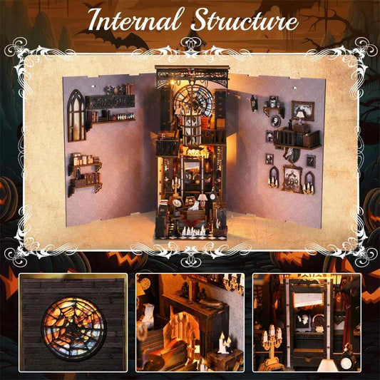 Book Nook Kit Dark Family DIY Wooden Puzzle Gothic style Halloween Bookshelf Dollhouse Model Bookend Building Home Decoration