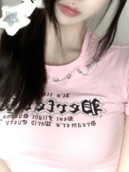 Y2k Aesthetic T-shirt Sexy Hollow Out Crop Top Pink Tshirts Women Slim Short Sleeve Fashion Bandage Tees Casual 2025 Ropa Mujer SS69