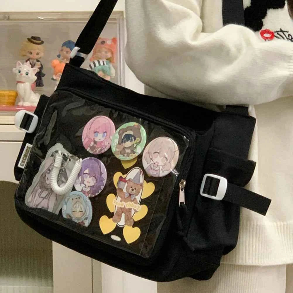 Women Ita Bag Japanese Style Shoulder Purse with Clear Window Cartoon Book Bag Multi-pockets Adjustable Strap Trendy Outdoor Bag