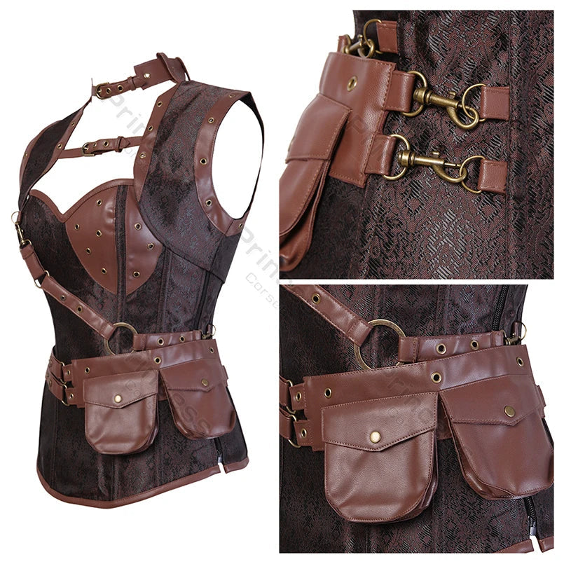 Brown Pirate Dress Plus Size Faxu Leather Steampunk Corset Dress with Shoulder Off Blouse Cosplay Pirate Costume for Women SS69