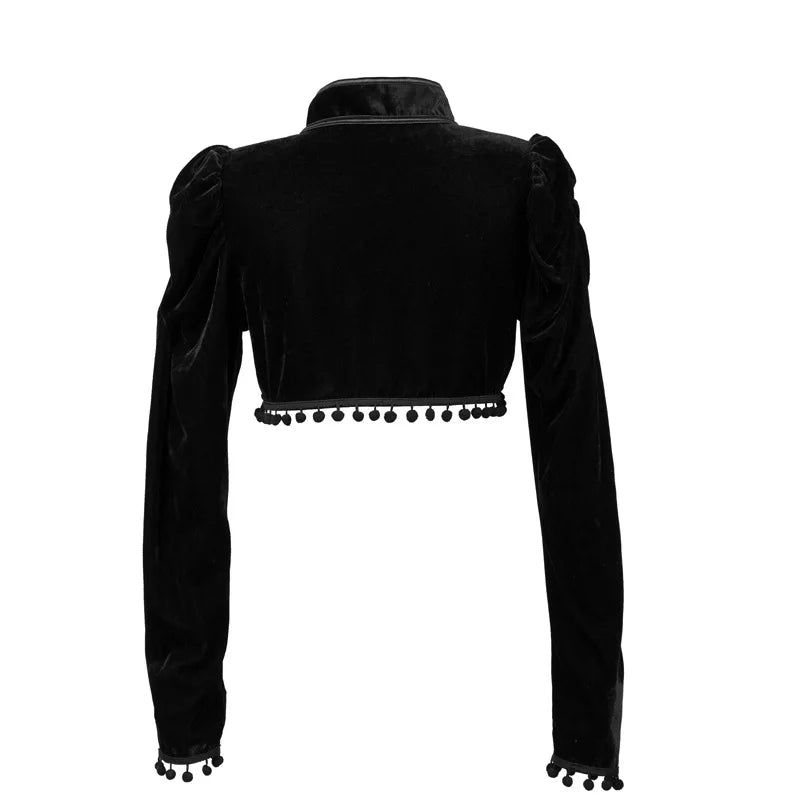 Medieval Steampunk Jacket Black Tassel Stand Collar Short Top Women Gothic Coat Navel-exposed Long Sleeve Retro Slim Fit Coats SS69