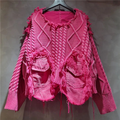 DEAT Women's Patchwork Denim Pullover Sweater, Long Sleeve Loose Knit Top
