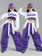 Girls K-Pop Street Dance Outfit: Purple Crop Top & Cargo Pants