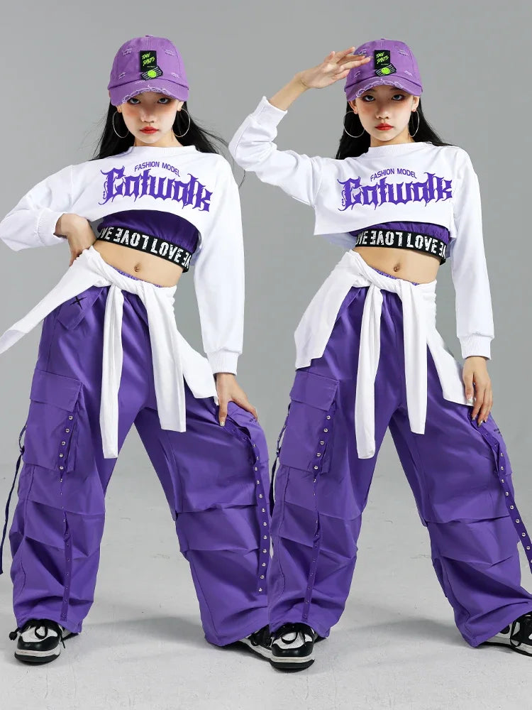 Girls K-Pop Street Dance Outfit: Purple Crop Top & Cargo Pants