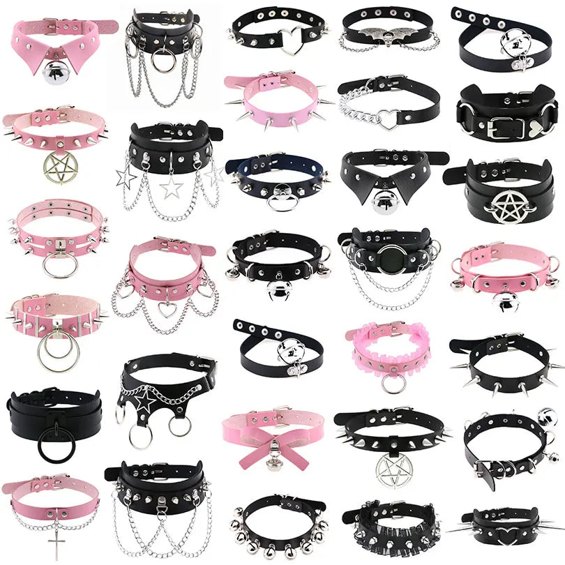 1Pc Harajuku Gothic Spike Rivet Star Necklaces Collares Hip Hop Rock Black Bowknot PU Lace Leather Sexy Y2K Girl Choker Jewelry SS69