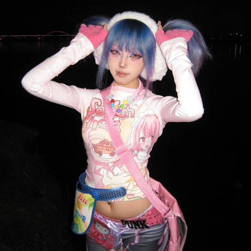 Subcultural Spicy Girl Clothes Cute Bottom Tee Shirt Y2k Harajuku Anime Slim Long Sleeve T-shirts Women Cartoon Pink Crop Tops SS69