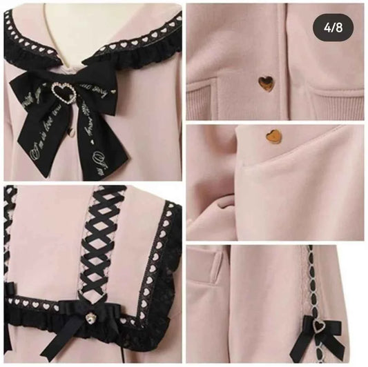Japanese Liz Mine Mass-Produced Sailor Collar Ribbon Bow Sweet Hoodies Women Autumn Preppy Style Y2K Cute Oversized Sweatshirt