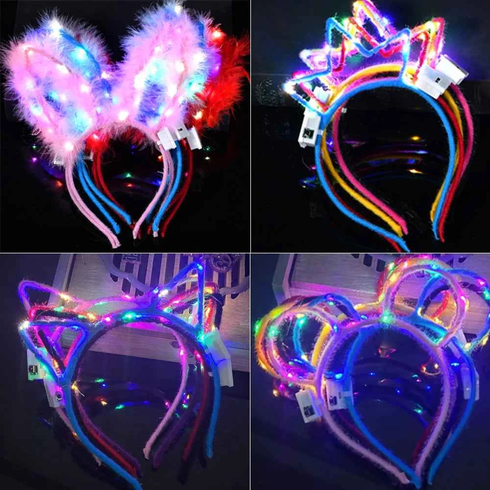 10/20/30 pcs Led Glow Cat Bunny Ear Horn Hairbands Light Up Flash Headband Women Girl LED Neon Birthday Wedding Party Supplies