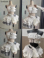 Summer Vintage Elegant Y2K Woman 2 Piece Sets Punk Gothic Strapless Crop Tops +High Waist Ruffle Skirt Female Party Outfits 2025 SS69