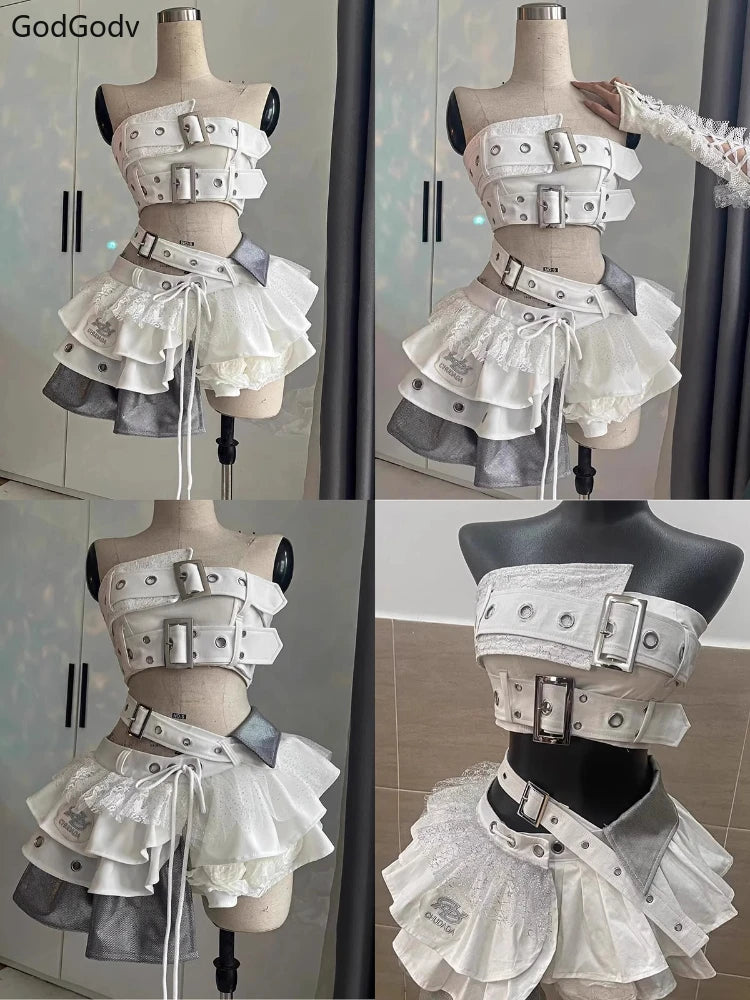 Summer Vintage Elegant Y2K Woman 2 Piece Sets Punk Gothic Strapless Crop Tops +High Waist Ruffle Skirt Female Party Outfits 2025 SS69