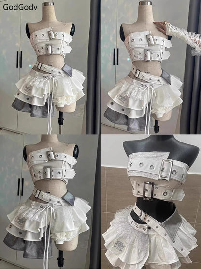 Summer Vintage Elegant Y2K Woman 2 Piece Sets Punk Gothic Strapless Crop Tops +High Waist Ruffle Skirt Female Party Outfits 2025 SS69