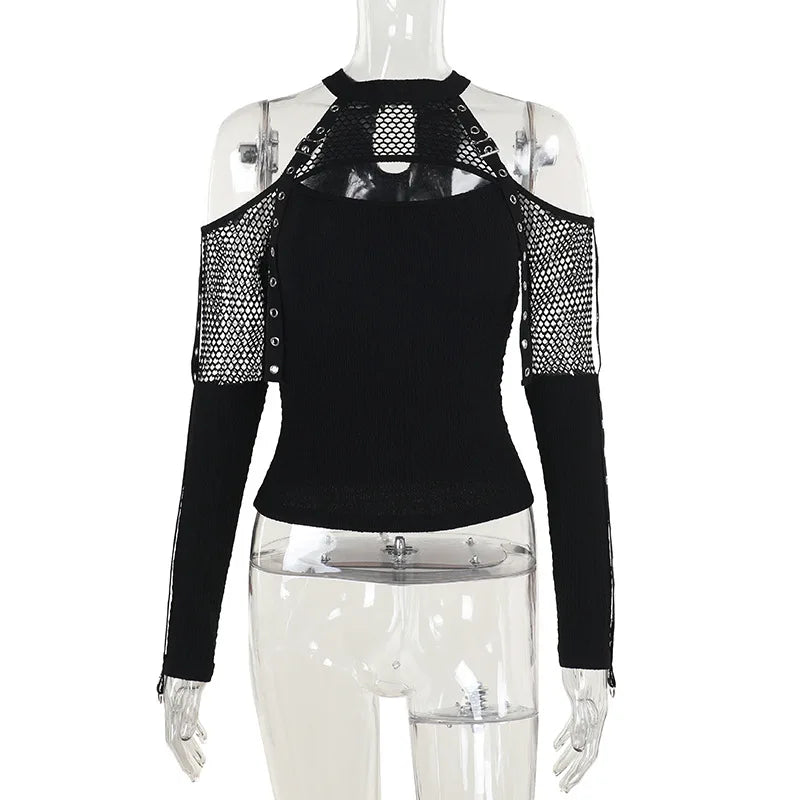 Goth Dark Fishnet Patchwork Off Shoulder Halter Top
