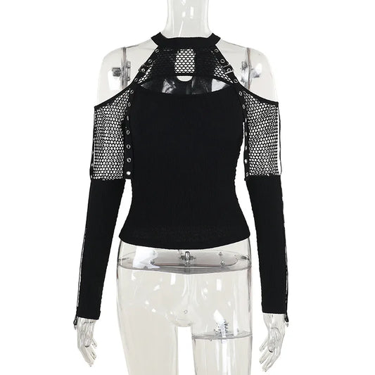 Goth Dark Punk Grunge Fishnet Patchwork Off Shoulder T-shirts Trim Corn Strap Halter Tops Autumn Mall Gothic Streetwear T-shirt