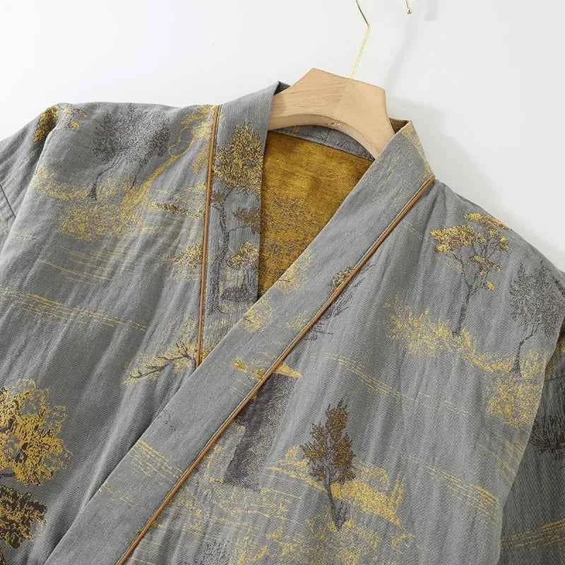 Men's Spring and Autumn Kimono Robes with Long Pants Pajamas Set Home Clothes Cotton Loose Pijama Masculino Clothes