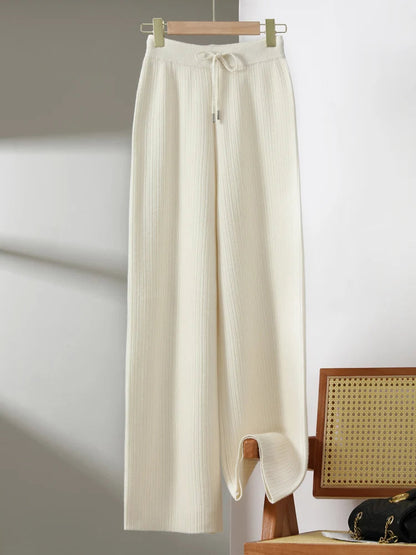 Yoyoselect New Popular Women Wide-Leg Wool Pants 100% Merino Wool Quality Soft Trousers Basic Casual Knitted Elastic Waist Slack SS69 85.69 Milk White / XL
