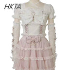 Japanese Sweet Heavy Industry Splicing Sleeve Strap Lace Bow Lace Shirt Summer Autumn New Elastic Slim Long-sleeve Tshirt Top