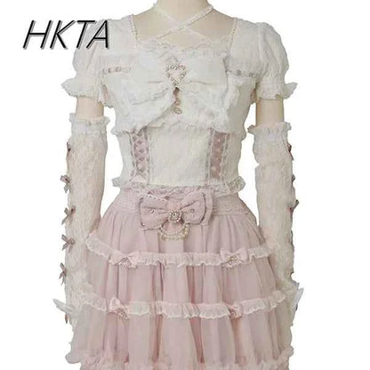 Japanese Sweet Heavy Industry Splicing Sleeve Strap Lace Bow Lace Shirt Summer Autumn New Elastic Slim Long-sleeve Tshirt Top